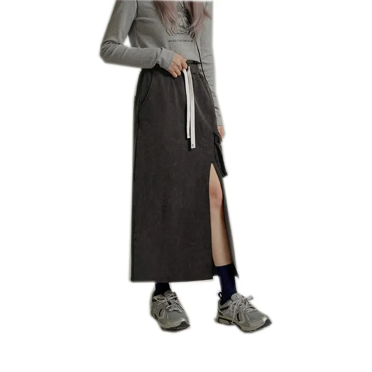 Latest Side Pocket A-Line Sport Maxi Skirt High Waist Drawstring Denim Women Long Front Slit Side Contrast Color A Line Skirts