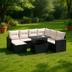 Cream White Pe <b>Rattan</b> Garden <b>Sofa</b> Set Black And Cream Color Scheme Outdoor Furniture 6 Seater Weather Resistant - Product Image 2