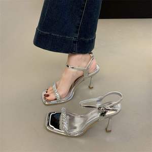 Nuevas Sandalias de Tacón Alto con Punta Abierta y Una Sola Tira, Estilo Verano, de PU, para Mujer, Tacón de Aguja Francés de Alta Gama, con Pedrería, Zapatos Sexys de Noche - Product Image 2