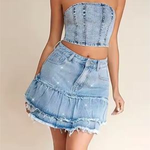 กระโปรงยีนส์ระบายประดับคริสตัลคุณภาพสูง เอวสูง สไตล์วินเทจ ล้างสีแบบแอซิดวอช สำหรับผู้หญิง - Product Image 2