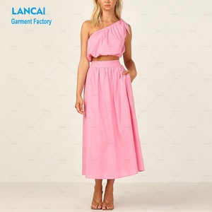 Custom Cut and Sew Clothing Manufacturer Elegant Beige Asymmetrical <span class=keywords><strong>Top</strong></span> and Flowy Maxi Dress Two Pieces <span class=keywords><strong>Set</strong></span> for Women - Product Image 2