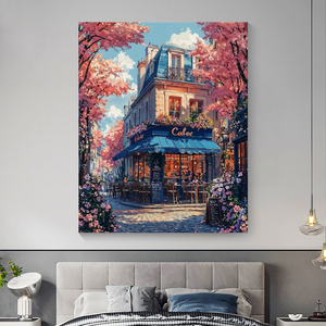 ชุดระบายสีตามตัวเลขสำหรับคนรักงานศิลปะ ภาพวิวคาเฟ่ริมถนนในปารีส ซากุระสีชมพู ภาพวาดสีน้ำมัน DIY สำหรับผู้ใหญ่ ระดับเริ่มต้น ชุดตกแต่งผนัง - Product Image 2