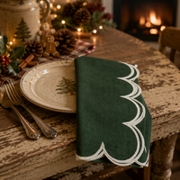 Serviettes en tissu de Noël blanches à bordure festonnée brodée, réutilisables, lavables, rouge, vert foncé, pour la table de dîner des fêtes