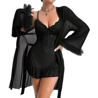 Ensemble de chemise de nuit en dentelle transparente, vêtements de nuit sexy d'été pour femmes, robe de nuit sans manches avec robe de chambre