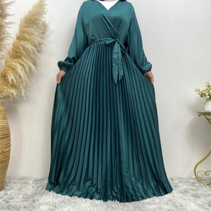 6377# Chic and Elegant Design Elastic Cuff Long Sleeves V Neck Pleated Satin Dress Match All Occasions Muslim <b>Islamic</b> Clothing - Product Image 4