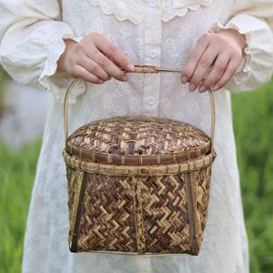 <b>Bamboo</b> Woven Basket Round Food <b>Container</b> Natural Color Handheld Kitchen Storage Tea Ceremony Gift - Product Image 1