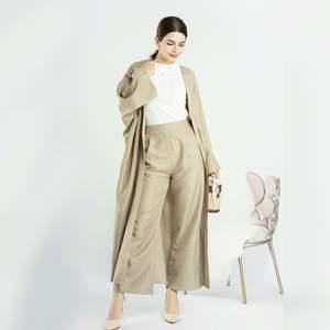 Linen Open Abaya Turkey 2pcs Set Modest Fashion Muslim Set Top <strong>and</strong> Pants Islamic <strong>Clothing</strong> - Product Image 4