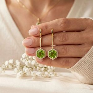 Peridot Gemstone <b>Earrings</b> Hexagon Cut Drop <b>Earrings</b> with CZ Accent Elegant Green <b>Dangle</b> <b>Earrings</b> in 925 Sterling <b>Silver</b> - Product Image 5