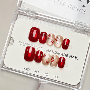 Sg1986 Faux Ongles Courts à Pression 10 Pièces Rouge <span class=keywords><strong>Rubis</strong></span> Effet Œil de Chat Pailleté Motif Fleur de Prunier Faits Main Ongles de Luxe Haute Qualité Vente en Gros - Product Image 4