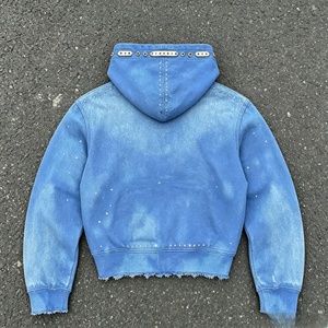 <b>Men's</b> Blue Hooded Zip-Up Fleece <b>Jacket</b> With Pockets Frayed Hem Rivet Details Regular Fit Knitted Fabric - Product Image 2