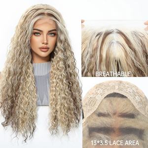 Perruques européennes et américaines, petites boucles africaines, lace frontale 13*4, raie au milieu, <span class=keywords><strong>cheveux</strong></span> longs <span class=keywords><strong>bouclés</strong></span> blonds/bruns, résistantes à la chaleur, pour marché domestique - Product Image 1