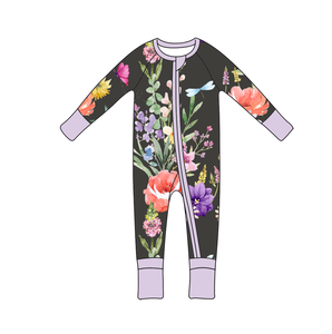 Ropa Infantil, Pijama de Bambú para Bebés y Niños con Diseño de Flores Moradas, con Cierre - Product Image 1