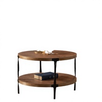 Table basse industrielle ronde en bois à deux niveaux avec étagère de rangement, structure métallique, mobilier rustique pour salon, fabricant grossiste Inde
