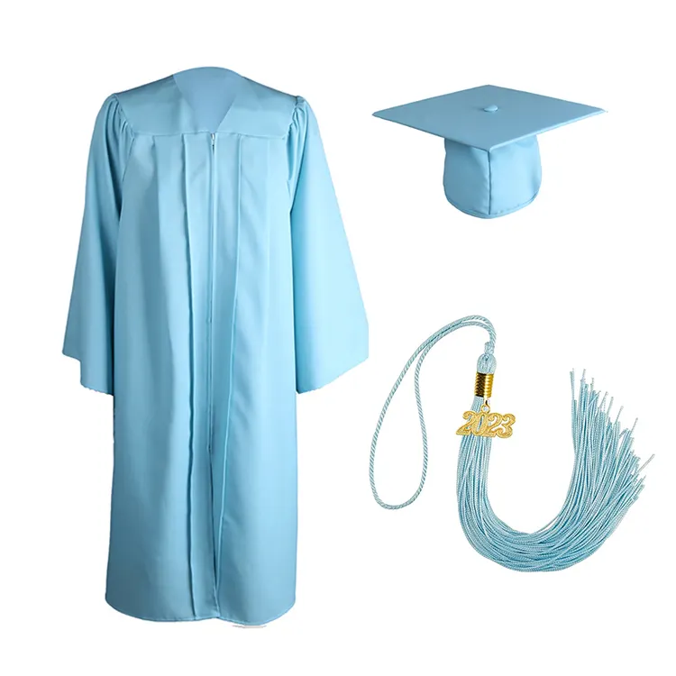 มหาวิทยาลัยเคลือบโพลีเอสเตอร์ผู้ใหญ่สีฟ้าจบการศึกษาชุดและหมวกที่มีพู่