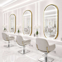 Miroir de salon ovale à cadre doré avec LED, miroir mural pleine longueur, miroir de coiffure avec éclairage tactile pour salon de beauté