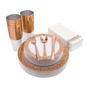 175 Pieces Rose Gold Lace Dinnerware Set Wedding And Party Dinnerware 25 Guest Plastic Dinner Plates