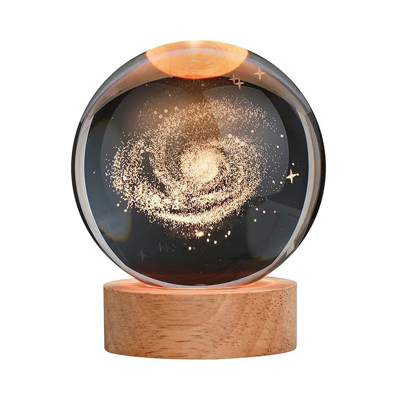 3D Carved Crystal Star Solar System Table Lamp Children's Gift Room Decoration Night LED Light with Wood Base