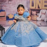 Robe de luxe bleue pour filles, personnalisée avec perles et nœuds, robes de demoiselle d'honneur, robes de bal pour mariage et fête