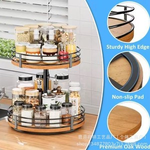Wooden Kitchen <b>Spice</b> <b>Rack</b> Double Layer <b>Rotating</b> Storage Organizer For <b>Spices</b> And Condiments Standing Type Round Shape - Product Image 3