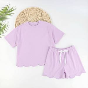 Puresun Solid 100% biologisch katoen kinderkleding groothandel set met gegolfde zoom, custom baggy casual zomer meisjes shorts sets - Product Image 4