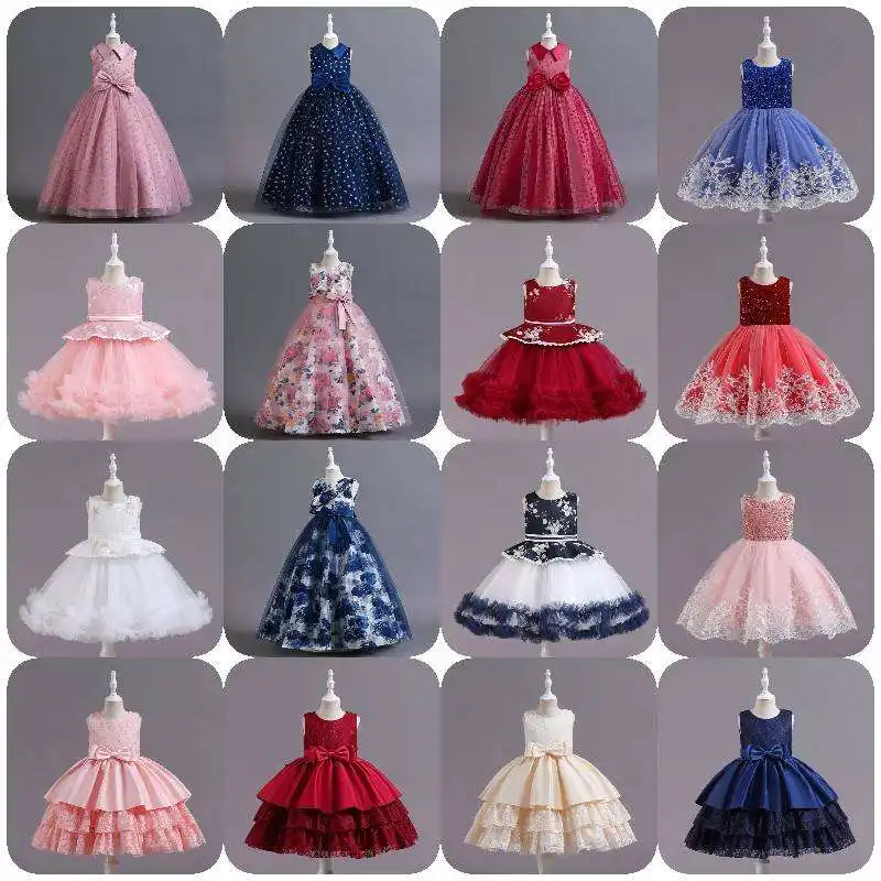 Formal Flower Girl Dress Blue Children Summer Casual Ball Gown Starry Sky Rose Pattern Design Sleeveless Princess Party Chiffon