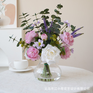 Bouquet <span class=keywords><strong>de</strong></span> fleurs artificielles haut <span class=keywords><strong>de</strong></span> gamme aux couleurs printanières, roses, pivoines, eucalyptus, en pot, finition moulée, pour bureau - Product Image 2