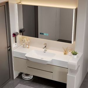 Mueble de baño estilo crema con <span class=keywords><strong>lavabo</strong></span> de cerámica de borde estrecho, ideal para apartamentos pequeños, combinación de <span class=keywords><strong>lavabo</strong></span> y mueble. - Product Image 1
