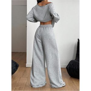 Conjunto de 2 Piezas de Sudadera sin Cuello para Mujer, Pantalones Deportivos Holgados de Forro Polar Transpirable, Atuendo Informal Combinado para Todas las Temporadas - Product Image 2