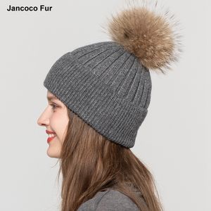 Chapeaux en angora pour femmes avec <span class=keywords><strong>pompon</strong></span> en fourrure de raton laveur naturelle, <span class=keywords><strong>bonnet</strong></span> tricoté tendance, chapeau d'hiver chaud S7628 - Product Image 3