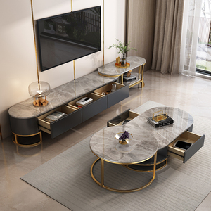 Ensemble Table Basse et Meuble <span class=keywords><strong>TV</strong></span> Modhomi Luxe Moderne, Plateau en Pierre Frittée, Combinaison Extensible - Product Image 2
