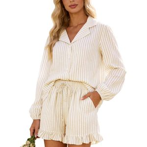 Womens Striped Pajama Set Long Sleeve Button <b>Down</b> Lounge Outfit 2 Piece Short <b>Pants</b> With Pockets Soft Woven Sleepwear - Product Image 1