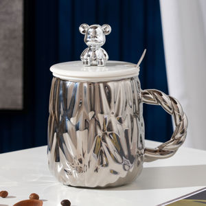 Modern Silver Office Tea <b>Cup</b> Nordic Mugs <b>Ceramic</b> Coffee <b>Cup</b> <b>Ceramics</b> Mugs With Spoon and Cute Violent Bear Lid - Product Image 2