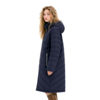 Veste matelassée longue à capuche pour femme, bleu marine, 100% nylon, matelassage chevron, poches zippées, pliable, manteau d'hiver, OEM ODM