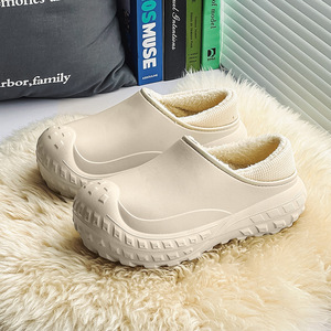 Thick Soled <b>Platform</b> Slippers With Fleece Lining Warm Outdoor Slip On Shoes For Men Solid Color Khaki Gray Black - Product Image 1