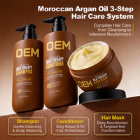 Set de cuidado capilar de marca privada, orgánico, de reparación profunda, con aceite de argán marroquí, champú, acondicionador y mascarilla capilar para cabello seco y dañado.