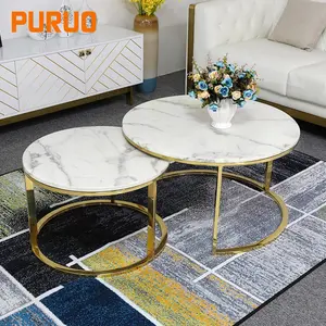 Uxury-Conjunto de muebles de sala de estar, mesa de centro con pata de acero inoxidable, mármol blanco Nórdico