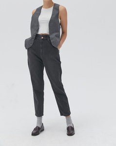 Vente en gros de jeans maman en denim à <span class=keywords><strong>taille</strong></span> <span class=keywords><strong>haute</strong></span>, à fermeture éclair, à jambe courte, à <span class=keywords><strong>taille</strong></span> élastique, noirs et doux, pour femmes - Product Image 3