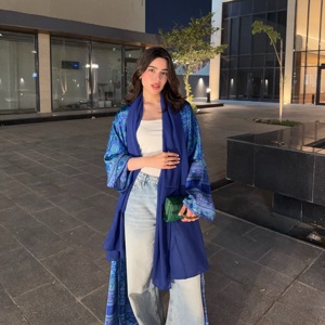 Hafizah Nuevo Cárdigan Holgado Azul con Estampado Étnico y Bufanda a Juego, Atuendo Casual de <span class=keywords><strong>Calle</strong></span> para Mujeres Musulmanas, Venta al por Mayor - Product Image 5