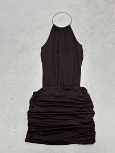 Vestido Mini Halter Marrón Metálico con Anillos y Espalda Descubierta para Mujer, Sexy, Fruncido, Ajustado, para Fiesta Nocturna, Moda Verano 2026 - Product Image 6