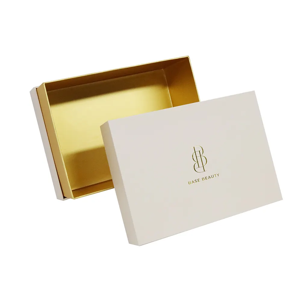 Custom Beige Gold Foil Stamping Logo Rigid Cardboard Removable Lid Rigid Boxes With Gold Neck