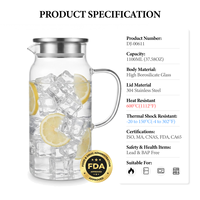 Petite carafe à eau moderne et écologique en verre borosilicate 1100 ml / 37,58 oz, pour réfrigérateur, bureau, infusion à froid, résistante à la chaleur