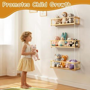 Étagère murale en bois pour ranger les jouets en peluche, 3 niveaux, étagère suspendue pour chambre d'enfant, organisateur de jouets, couleur bois naturel - Product Image 3