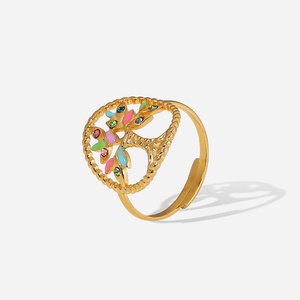 Wholesales Gold Plated Stainless Steel Enamel Jewelry Colorful Stone <b>Tree</b> Ring for Women - Product Image 1