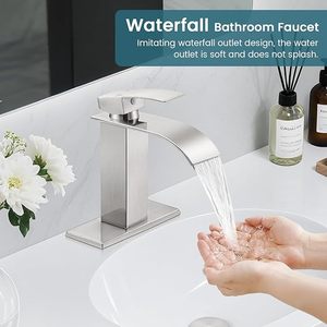 Grifo de baño de cascada-Manija única moderna, se adapta a lavabos de <span class=keywords><strong>1</strong></span> o 3 orificios, con cubierta, drenaje emergente y mangueras de suministro - Product Image 3