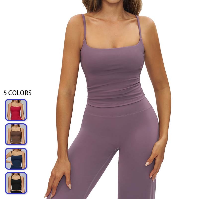 Square Neck Spaghetti Strap Top Athletic Workout Plain Sleeveless Tank Tops Women Fitness Sports Bra Vest