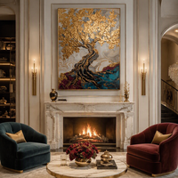 Peinture à l'huile sur toile de luxe, paysage abstrait vertical d'arbre doré peint à la main, texture épaisse, feuille d'or, art mural encadré pour