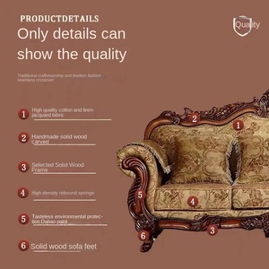 Sofá de tela tallada de madera maciza de color retro de estilo europeo, adecuado para salas de estar, hoteles, apartamentos, desmontable para limpieza - Product Image 2