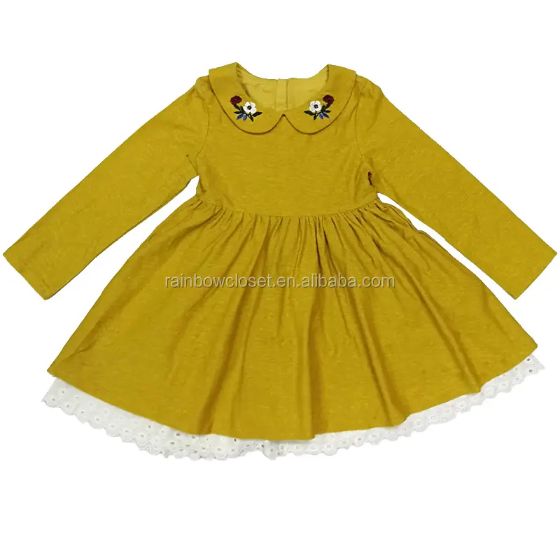 레인보우 옷장 아이의 가을 겨울 자수 피터 팬 칼라 면 레이스 돌리기 드레스
