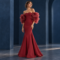 Robe de soirée sirène rouge bordeaux sur mesure OEM, sans bretelles, décolleté cœur, avec fleurs 3D en organza, pour marques à marque privée