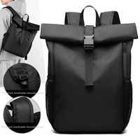 Men Tactical Roll Top Waterproof Anti-Theft PU Leather Backpack Breathable Padded Shoulder Laptop Daypack Travel Polyester